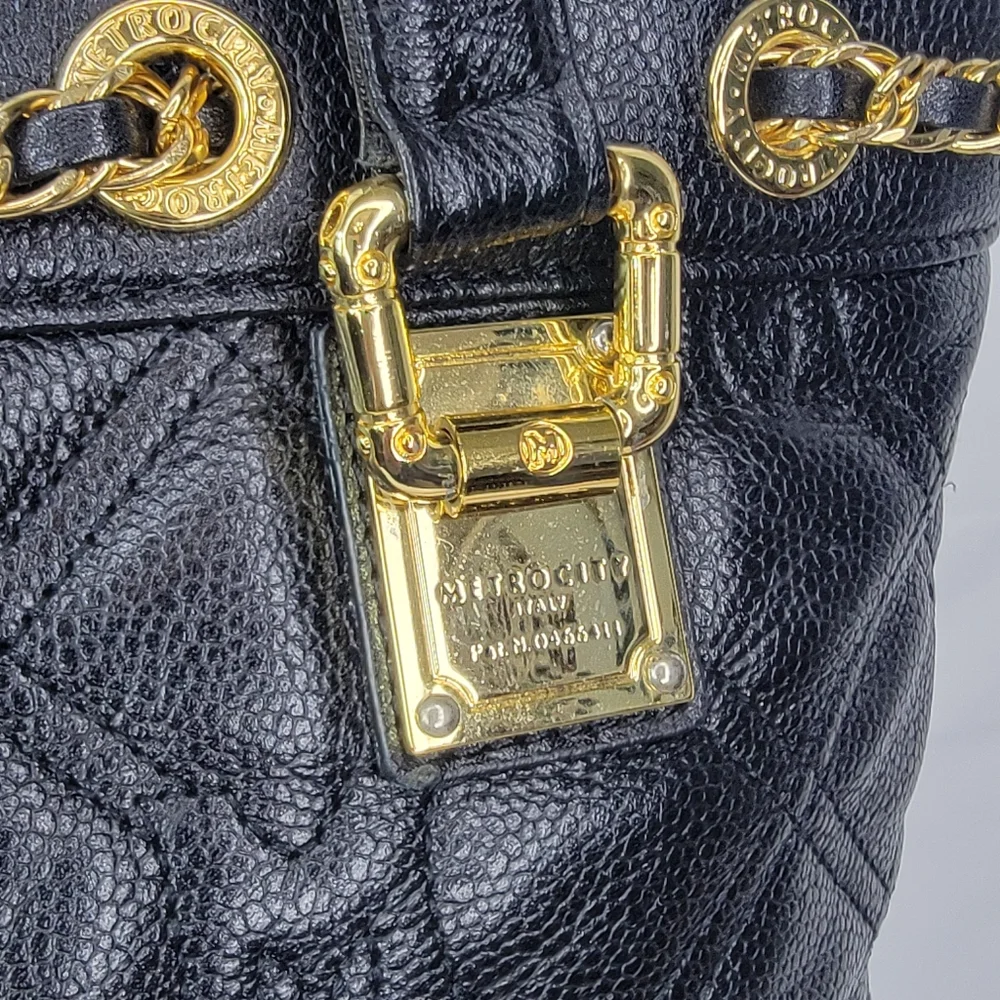 Metrocity Luxury Brand Black Quilted Tote‎ Bag with Gold Accents